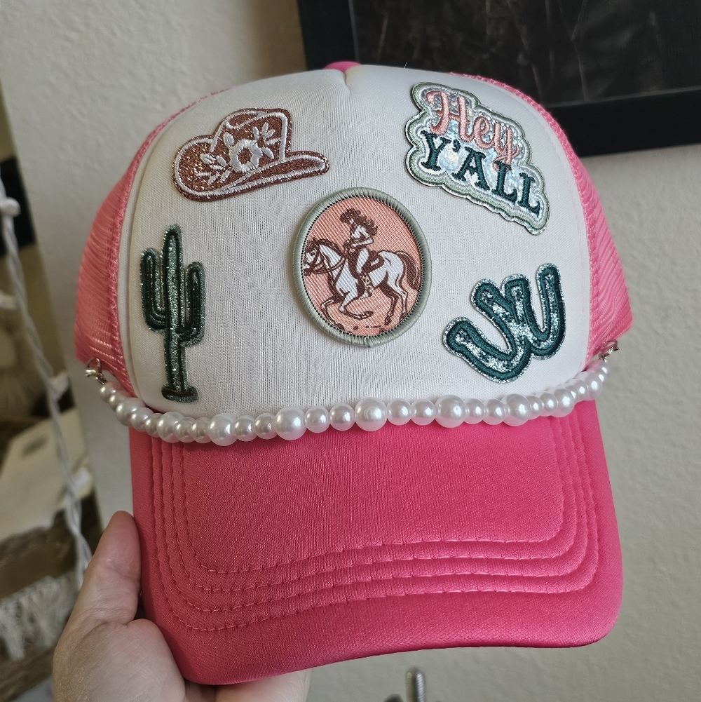 Pink and White Womens Hat with Western Patches